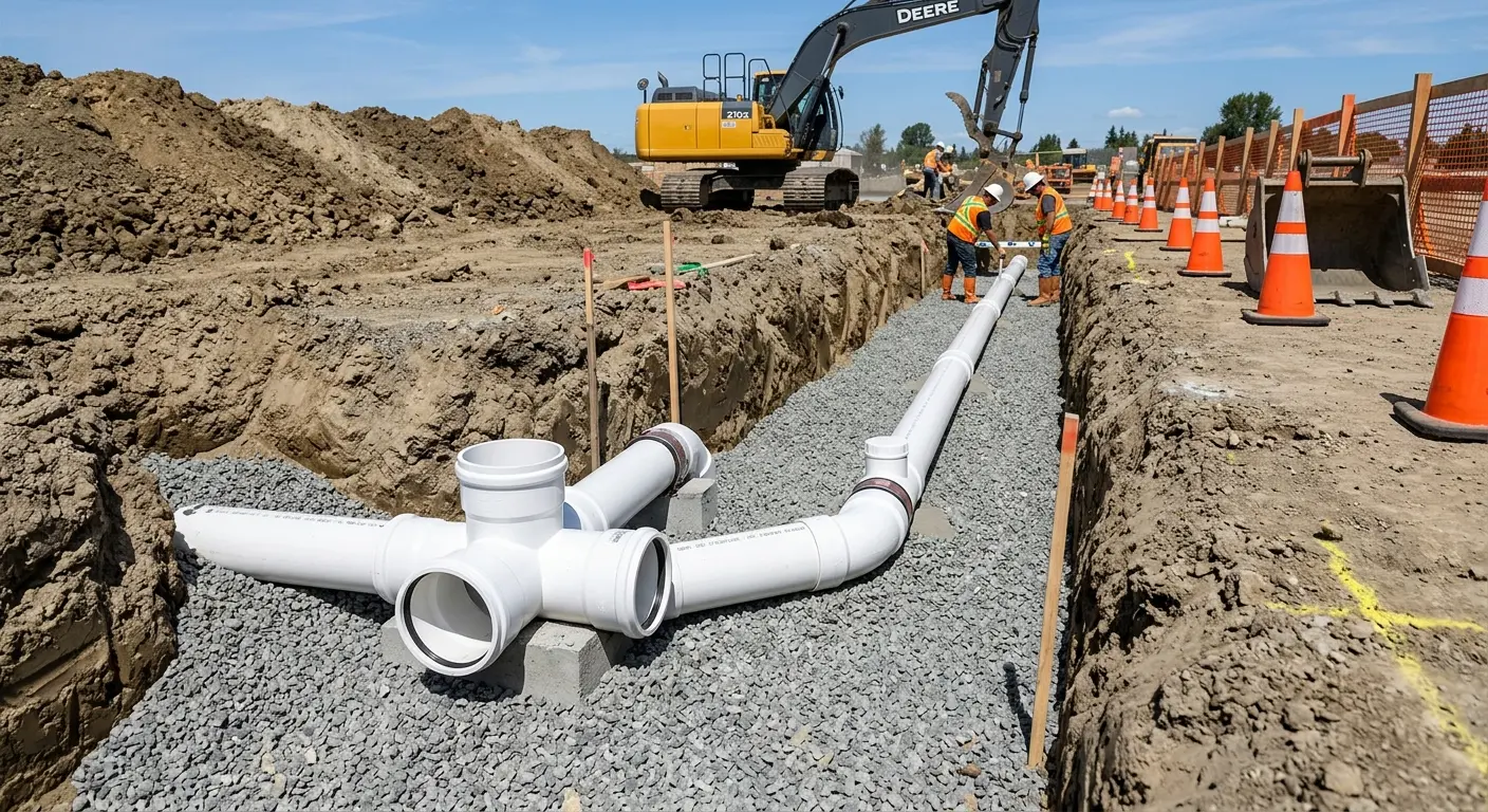 New PVC sewer pipe installation in open trench for Commercial Drain Cleaning in Morrisville
