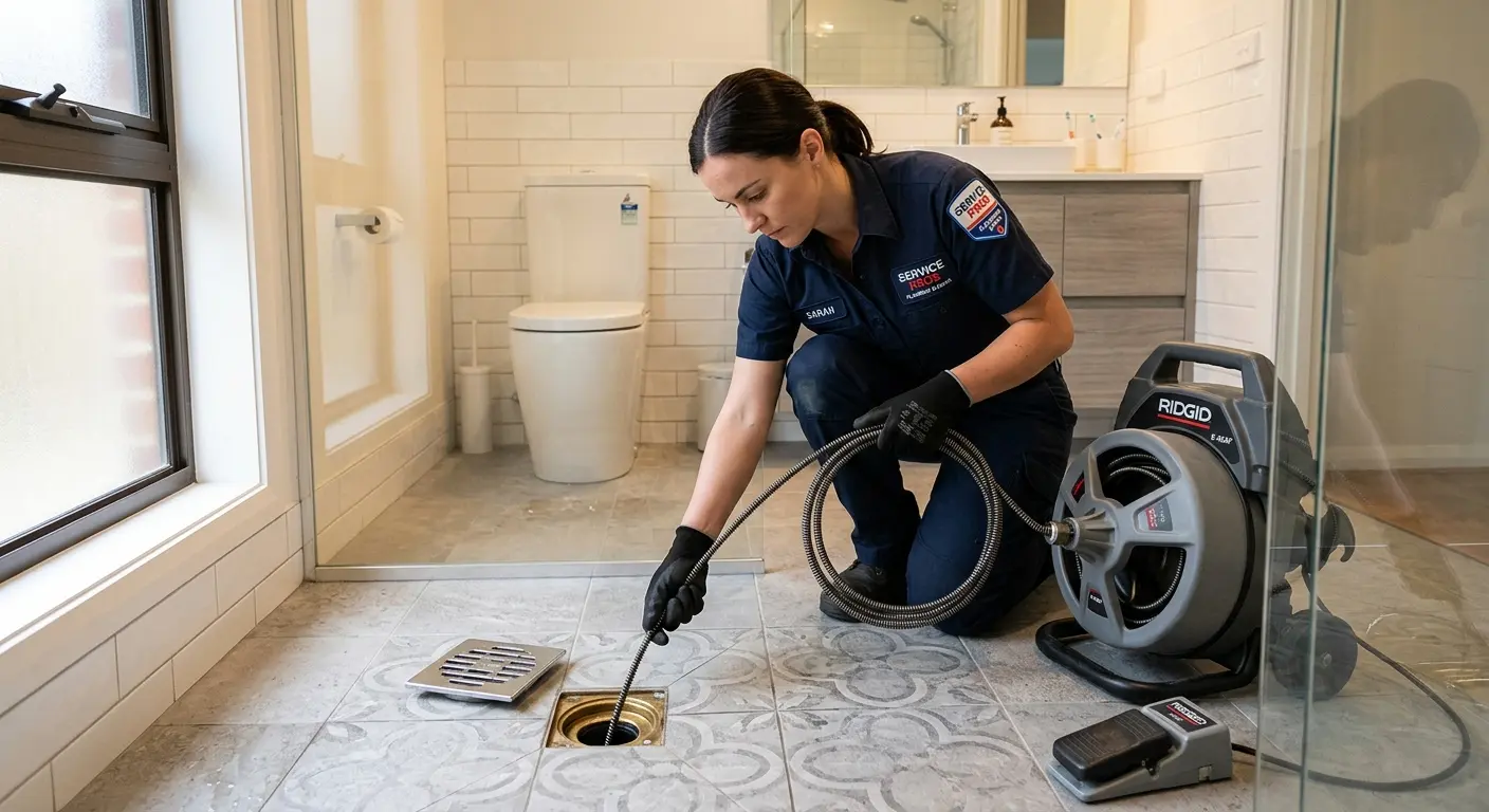 Technician clearing a bathroom floor drain for Hydro Jetting in Morrisville